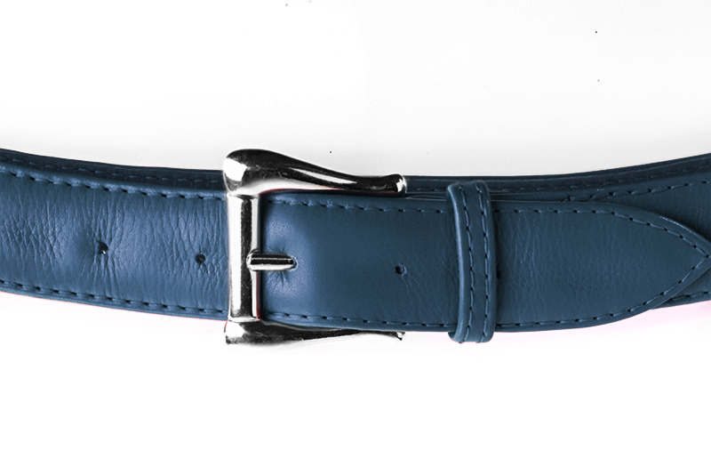 Denim blue women's dress belt, matching pumps and bags. Made to measure. Front view - Florence KOOIJMAN